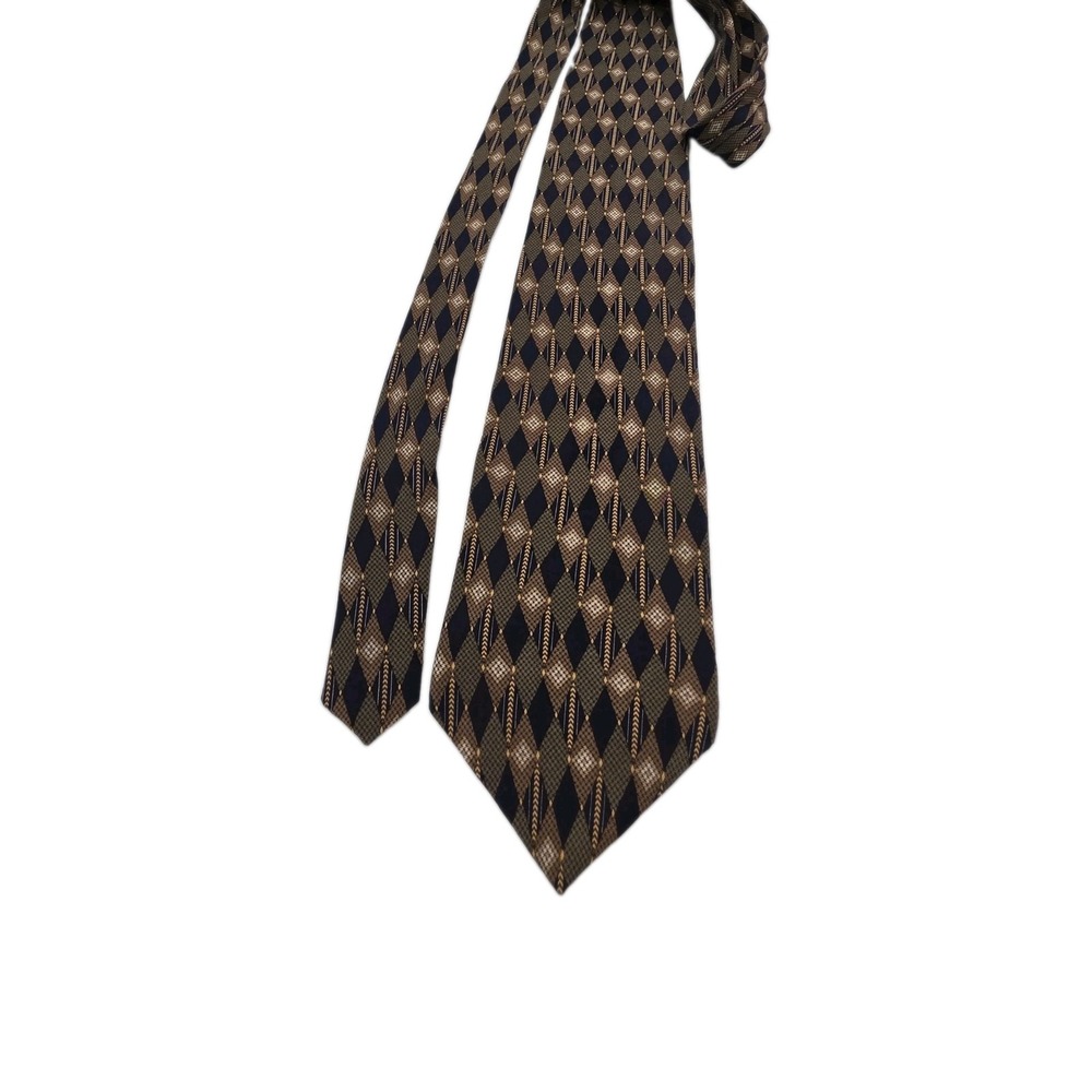 Kenneth Cole New York Gold W/Navy Blue Diamonds 100% Silk Mens Necktie USA Made